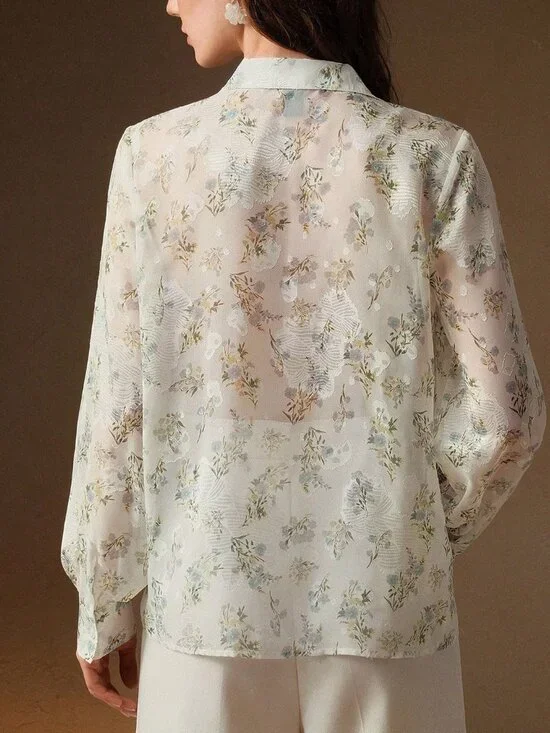 White Elegant Casual Women's Floral Print Long Sleeve Blouse - Picture 2 of 6